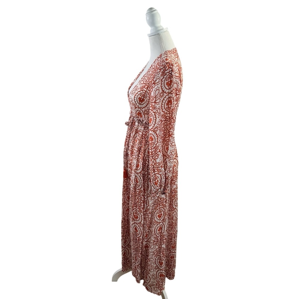 Aakaa Orange and White Paisley Flowy Boho Duster Tie Waist Open Longsleeve XS - Picture 5 of 11